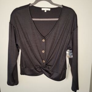 June & Hudson Women’s Charcoal Button Down Twist Front Shirt Size S Chic